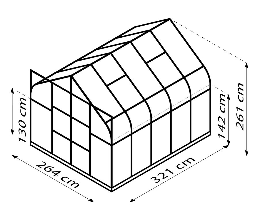 Illustration eines Vitavia Gewächshauses, ESG 8,3 m² inkl. Rahmenfundament mit Abmessungen.
