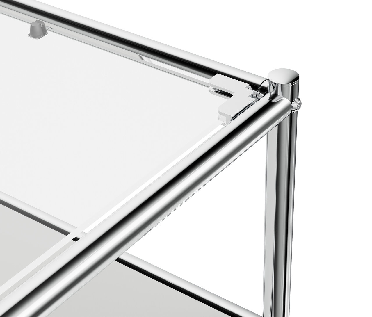 Detailansicht des weißen Lowboards Metall »CN3« mit Klappenfach und Glasplatte.