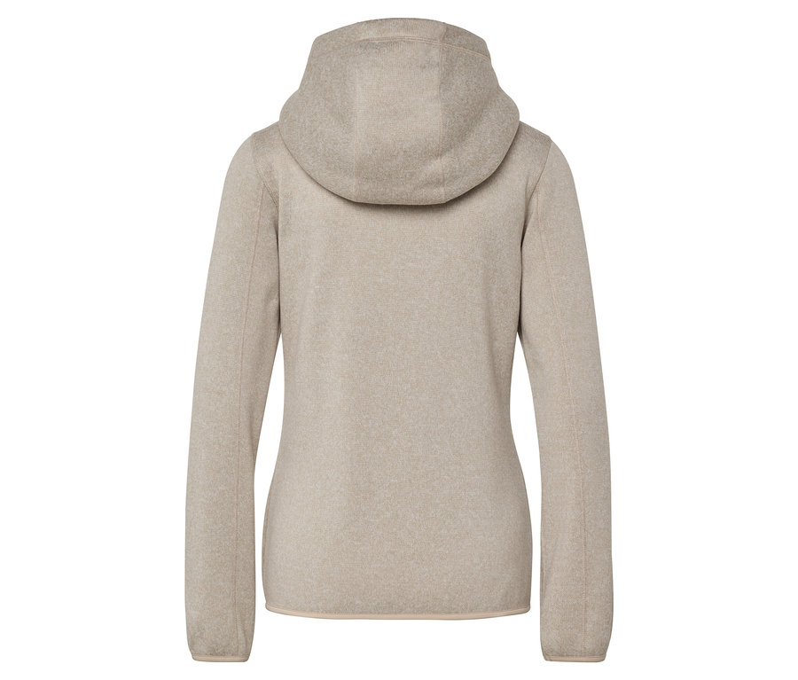 Rückansicht einer beigen Fleecejacke mit Kapuze.