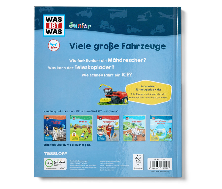 Ein WAS IST WAS Junior Buch zeigt Abbildungen von Fahrzeugen und Fragen zu Landmaschinen.