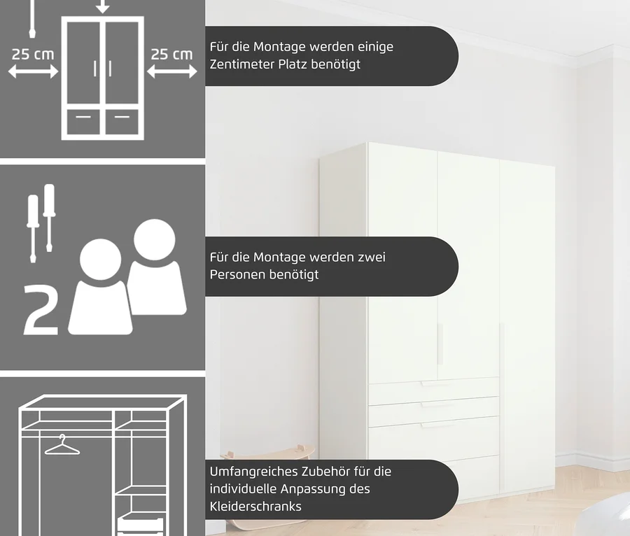 Diagramme und Icons zeigen Anweisungen für die Montage eines weißen Schranks.