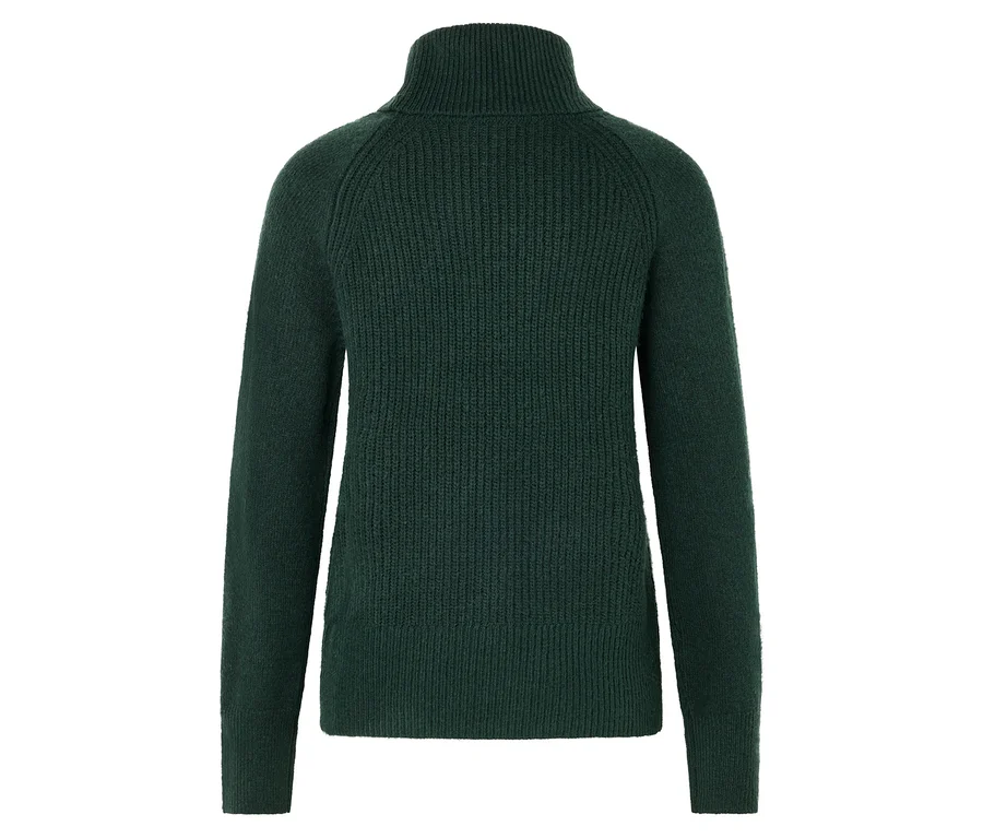 Dunkelgrüner Rollkragenpullover mit langen Ärmeln.