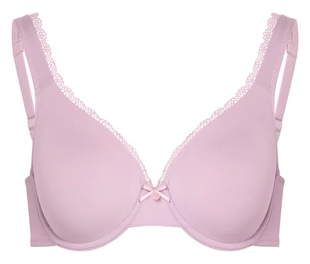 Nahaufnahme eines lila BHs mit Spitze und einer kleinen Schleife in der Mitte.