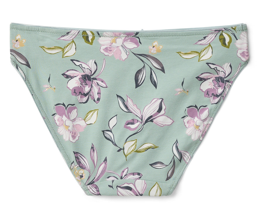 Eine Unterhose mit Blumenmuster auf hellgrünem Grund.