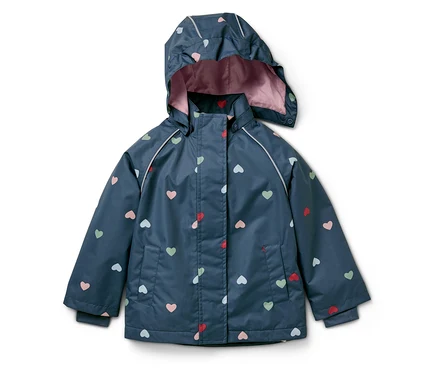 Blaue Jacke mit Kapuze, bedruckt mit Herzen.