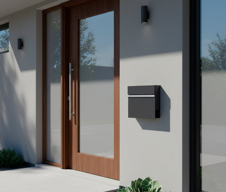 Ein schwarzer Briefkasten hängt an einer weißen Wand neben einer Holztür.