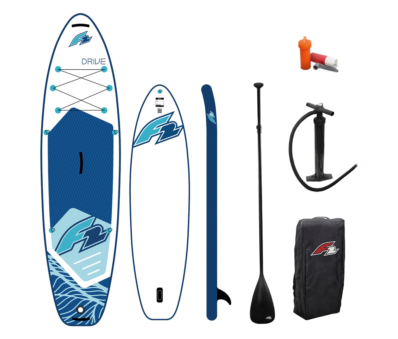 Das F2 SUP Board »Drive«, klein, mit Zubehör wie Paddel, Pumpe und Reparaturset ist auf weißem Grund dargestellt.
