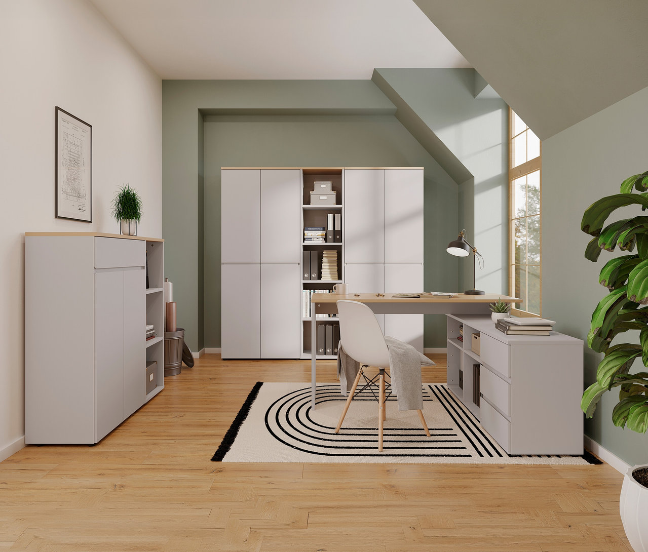 Ein Büro mit einem kleinen Aktenregal »Lissabon«, einem Schreibtisch, einem Stuhl und einem großen Aktenschrank.