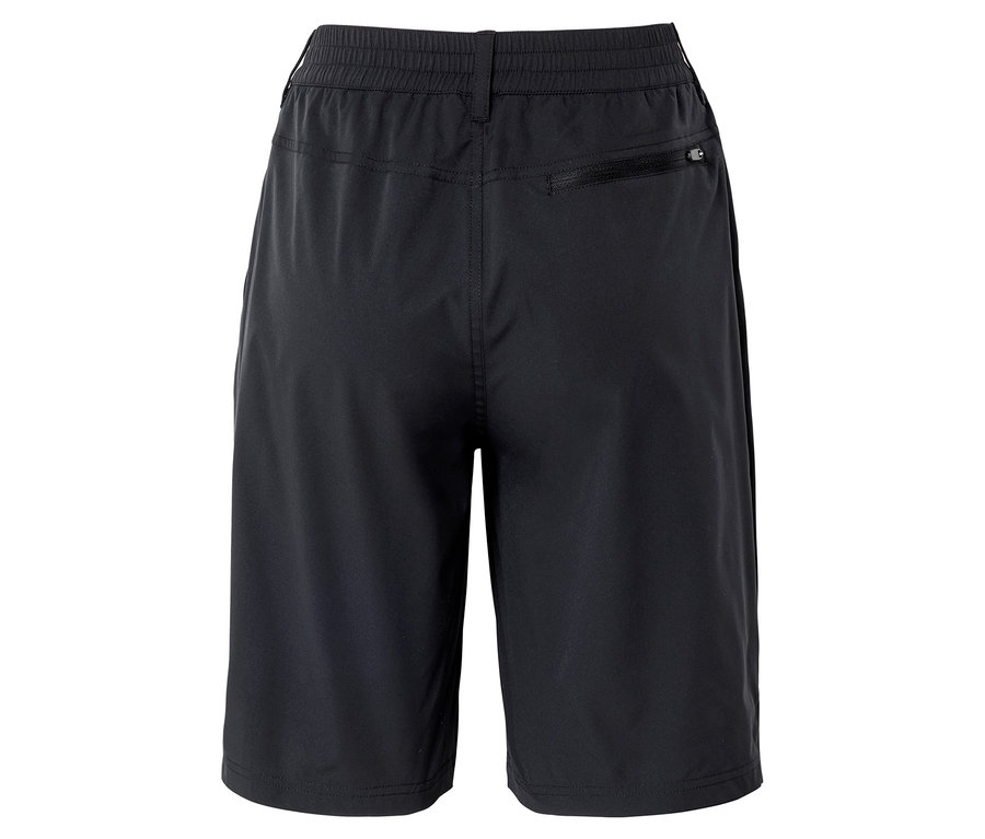 Rückansicht von schwarzen Shorts mit Reißverschlusstasche.