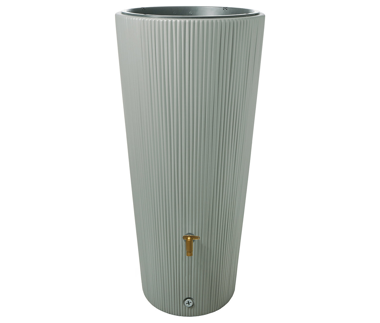 Graue, geriffelte Regentonne mit goldenem Hahn vor einem weißen Hintergrund.