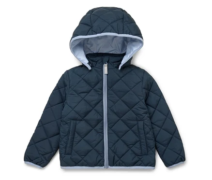 Dunkelblaue Steppjacke mit Kapuze, hellblauem Futter und Reißverschluss