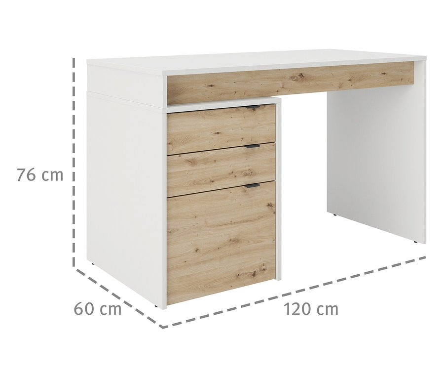 Weißer und holzfarbener Roba Schreibtisch »Salice« mit Schubladen und den Maßen 76 x 60 x 120 cm.