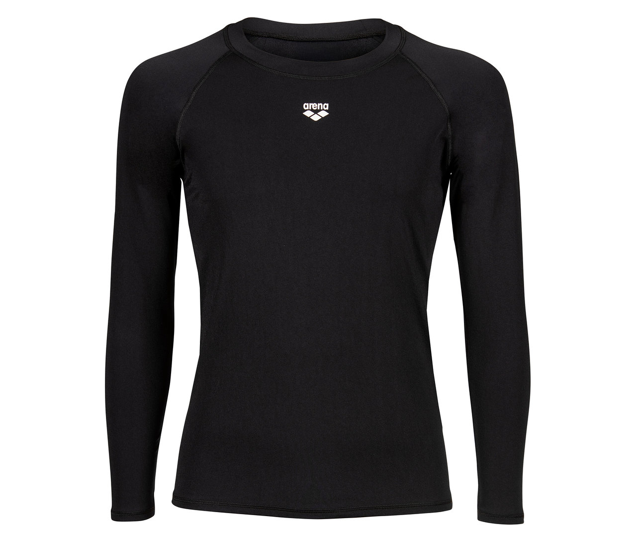 Schwarzes, langärmeliges Arena-Shirt mit weißem Logo auf der Brust.