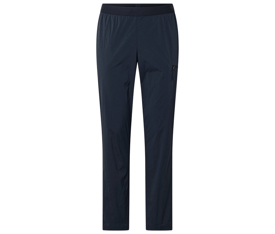 Dunkelblaue Outdoor-Funktionshose mit Gummibund und Reißverschlusstasche.