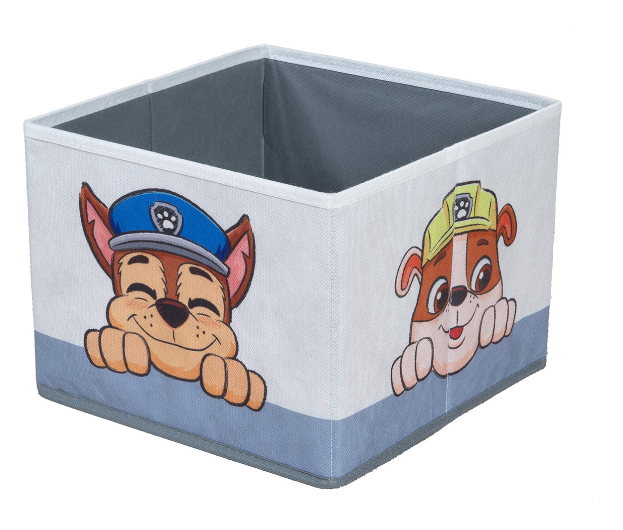 Ein quadratischer Aufbewahrungskorb mit Abbildungen von Paw Patrol Charakteren, Chase und Rubble.