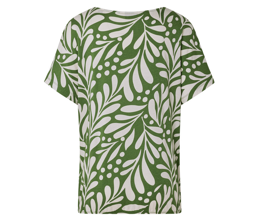 Rückansicht eines grünen T-Shirts mit weißem Blätter- und Punktmuster.