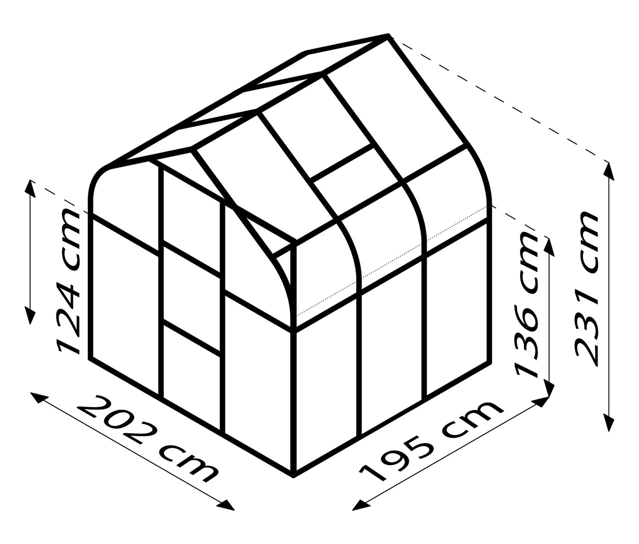 Umrisszeichnung des Vitavia Gewächshauses Orion ESG 3,8 m² inkl. Rahmenfundament mit Maßangaben.