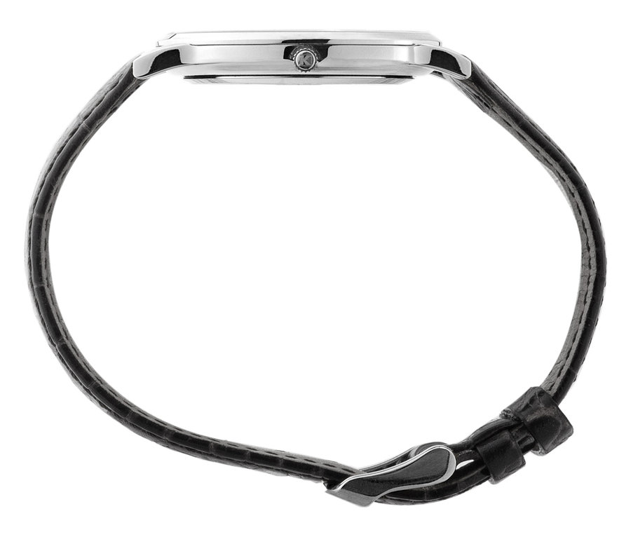 Nahaufnahme der silberfarbenen Kienzle Uhr »Meister Klassik« mit schwarzem Lederarmband im Profil.