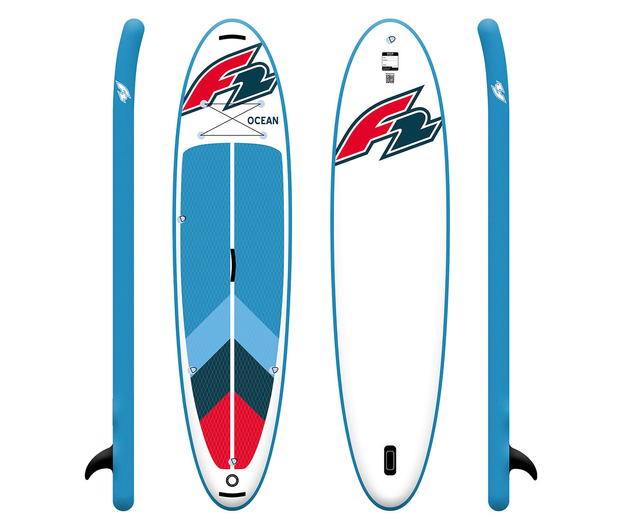Das F2 SUP Board »Ocean ltd« ist in klein und groß von vorne, von hinten und von der Seite zu sehen.