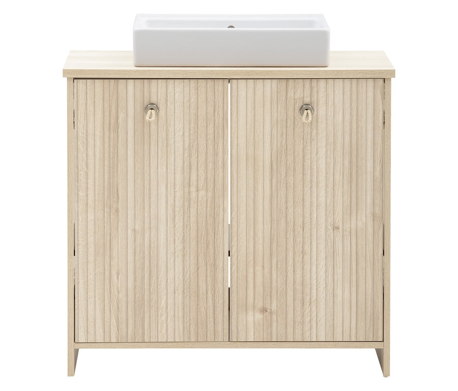 Waschtisch »Sonderby«, Nordic Light Oak mit weißem Aufsatzwaschbecken und zwei Türen.