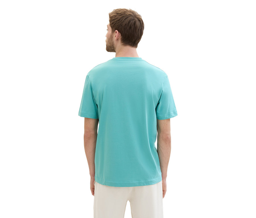 Mann von hinten mit Tom Tailor T-Shirt mit Logo, meadow teal und heller Hose.