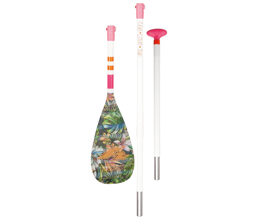 Ein F2 SUP Paddle »Happiness« mit Blumenmuster und pinken Akzenten liegt in drei Teilen vor hellem Hintergrund.