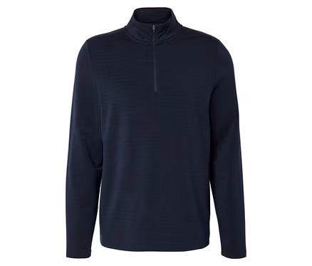 Dunkelblaues Langarmshirt mit Stehkragen und kurzem Reißverschluss.