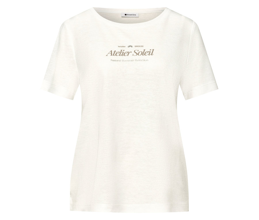 Ein weißes T-Shirt mit der Aufschrift "Atelier Soleil" ist vor einem weißen Hintergrund zu sehen.