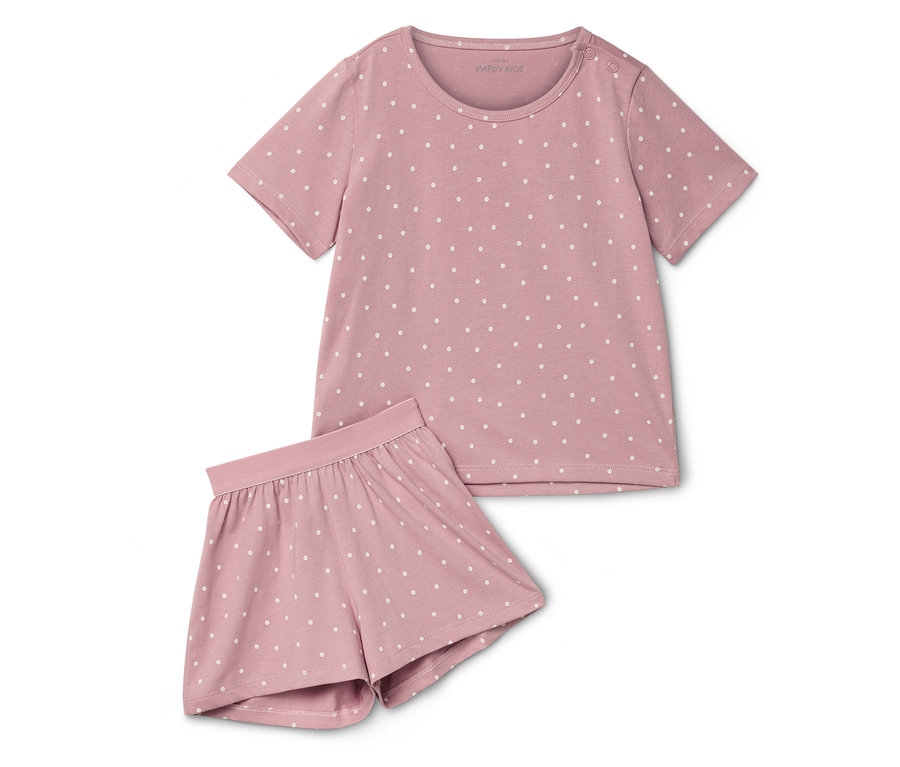Rosa Punkt-Pyjama-Set, bestehend aus kurzärmeligem Oberteil und Shorts.