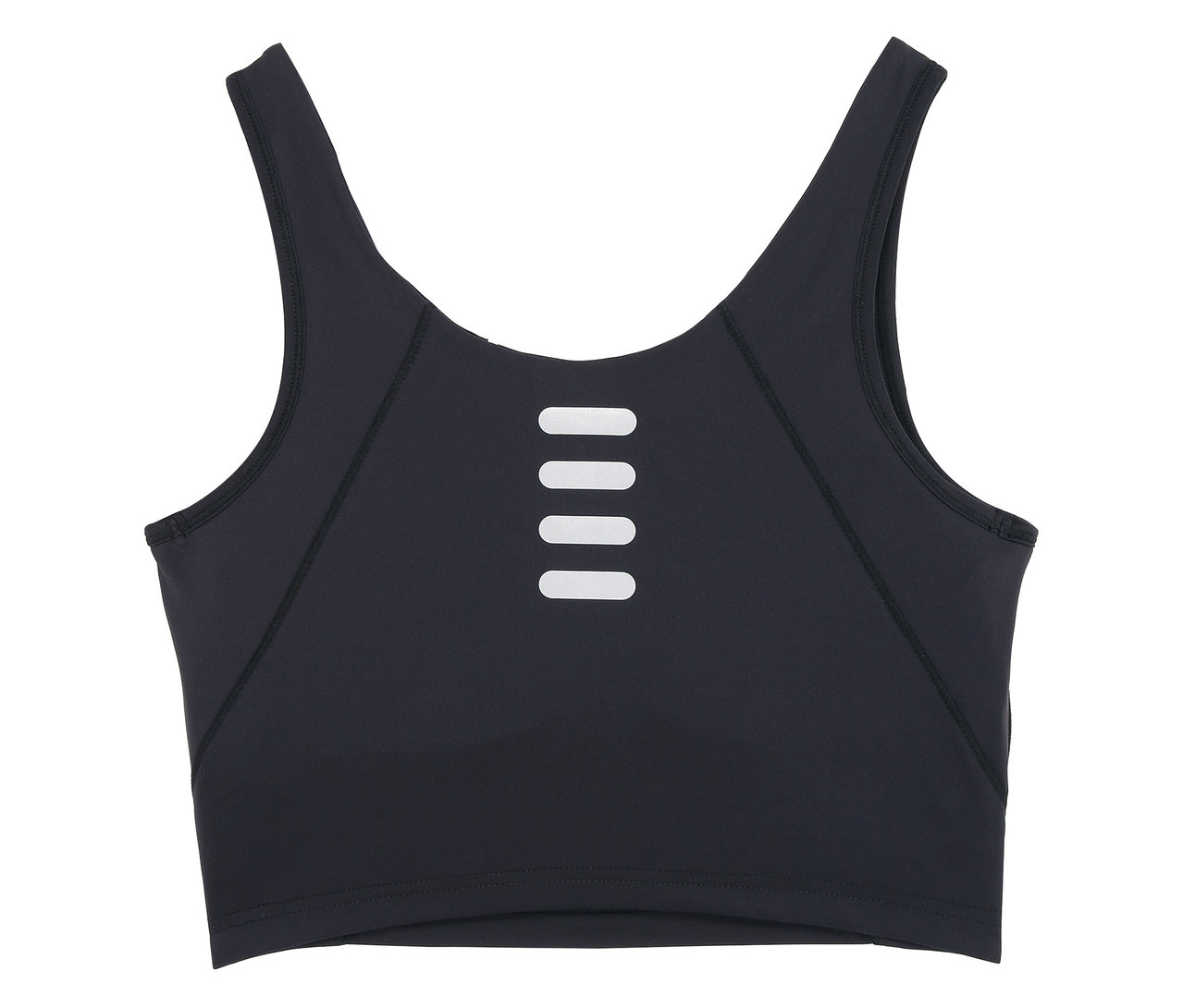Schwarzes FILA Damen-Sport-Bralette mit vier horizontalen, weißen Streifen in der Mitte.