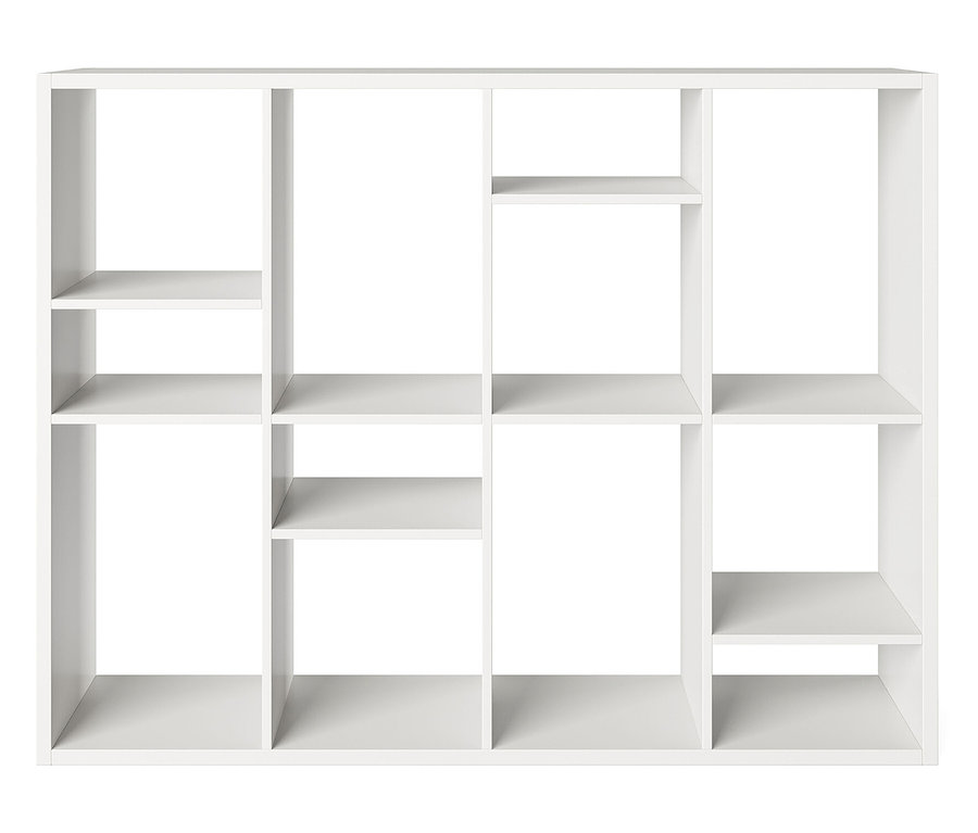 Weißes Regal mit mehreren Fächern unterschiedlicher Größe.
