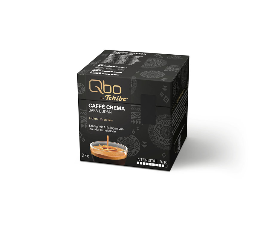 Schwarze Qbo by Tchibo Caffè Crema Baba Budan Kaffeekapselpackung mit 27 Kapseln, Intensität 9/10, Schokoladennoten und einem Bild von Kaffee.