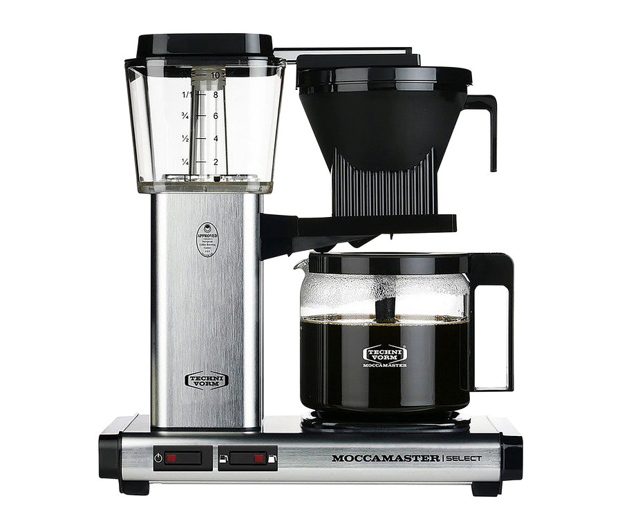 Detailaufnahme einer Moccamaster KBG Select Filterkaffeemaschine in gebürstetem Alu.
