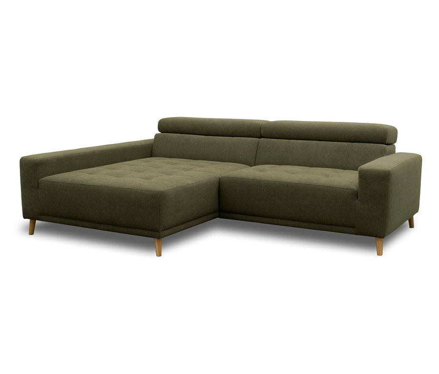 Dunkelgrünes L-förmiges Ecksofa mit Chaiselongue links, verstellbaren Kopfstützen und Holzbeinen.