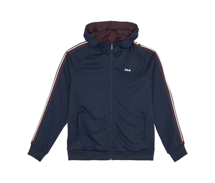 FILA Herren-Trainingsjacke in Marineblau mit bordeauxfarben gefütterter Kapuze und weißen, bordeauxfarbenen Ärmelstreifen.