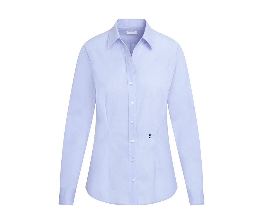 Hellblaue Seidensticker Bluse im Slim Fit mit Kragen, weißen Knöpfen und einem kleinen, dunklen Rosen-Logo.
