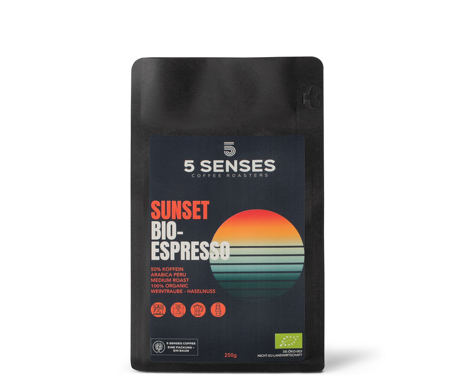 Eine 250g Packung 5 Senses - Sunset Bio-Espresso koffeinreduziert - Ganze Bohne.