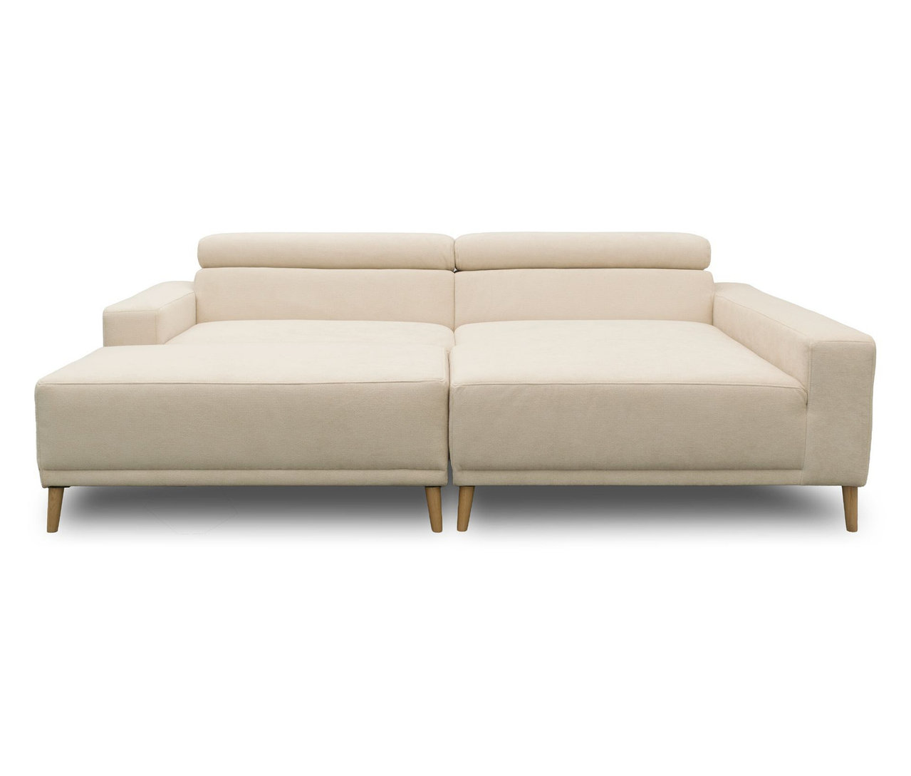 DOMO Eck-Schlafsofa Malmö in Creme mit Longchair rechts und holzfarbenen Beinen.