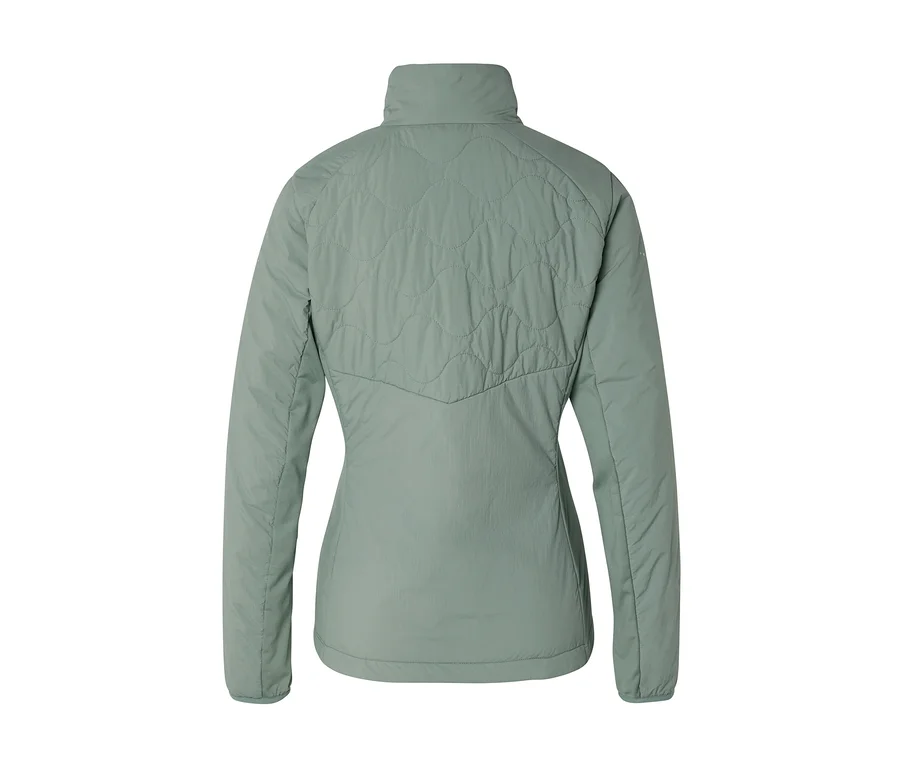 Rückenansicht einer salbeigrünen Steppjacke mit Stehkragen. Der obere Rückenbereich ist gesteppt, der untere Rücken und die Ärmel sind glatt.