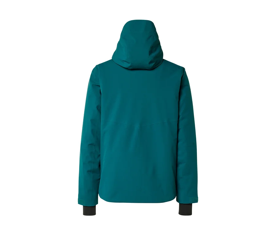 Rückenansicht einer petrolfarbenen Jacke mit Kapuze und schwarzen Ärmelbündchen.