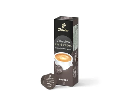 Eine Packung Caffè Crema Kräftig mit 10 Kapseln steht neben einer einzelnen Kapsel. Auf der Packung ist eine Tasse Kaffee abgebildet.