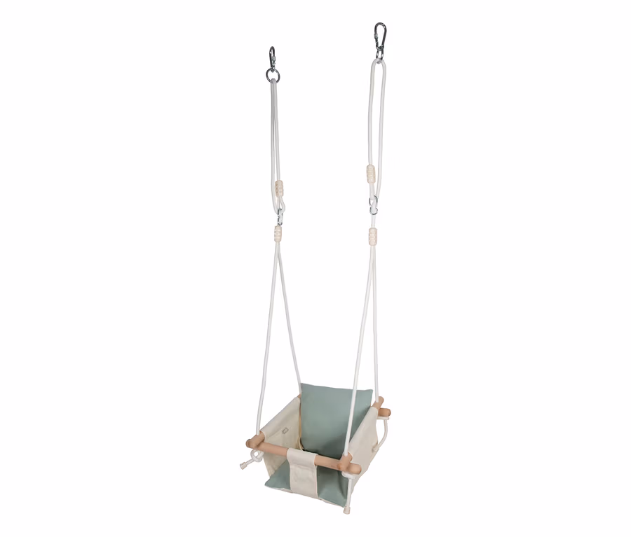 Beige small foot Babyschaukel Komfort mit hellgrünem Kissen, aufgehängt an weißen Seilen.