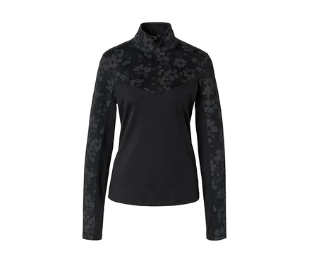 Schwarzes, langärmliges Shirt mit Reißverschluss und Blumenmuster an Ärmeln und oberer Vorderseite.
