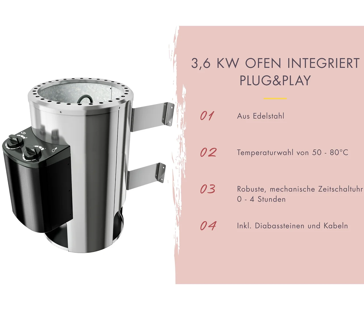 Ein Karibu Sauna Mulan Ofen aus Edelstahl, 3,6 KW, mit zwei schwarzen Drehknöpfen, Montagehalterungen und perforierter Oberseite.