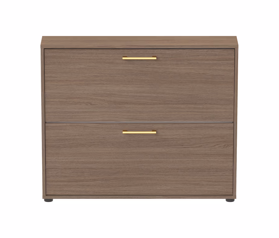 Großer Schuhschrank Glenn mit zwei Klappen in Holzoptik und goldenen Griffen.