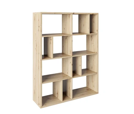 Ein helles Holzregal mit zwölf quadratischen Fächern.