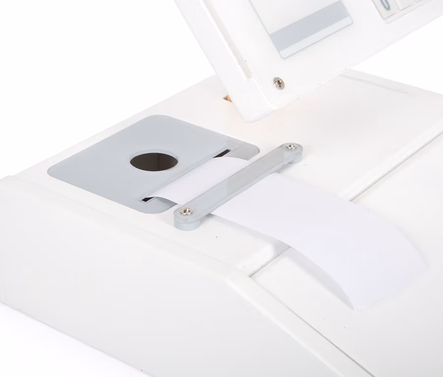 Detailansicht einer weißen small foot Kasse »fresh« mit grauem Pad und Papierausgabe.