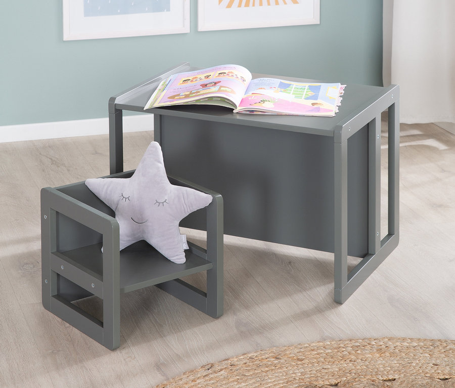 Anthrazitfarbene roba 3-in-1-Kindersitzgruppe mit Tisch und Hocker mit sternförmigem Kissen.