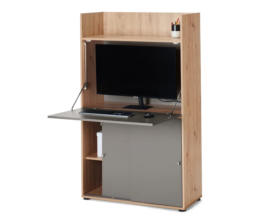 Geöffneter Büroschrank mit Arbeitsfläche, Monitor, Tastatur und Maus.