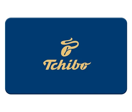 Blaue Tchibo Geschenkkarte mit goldenem Tchibo Logo in der Mitte.